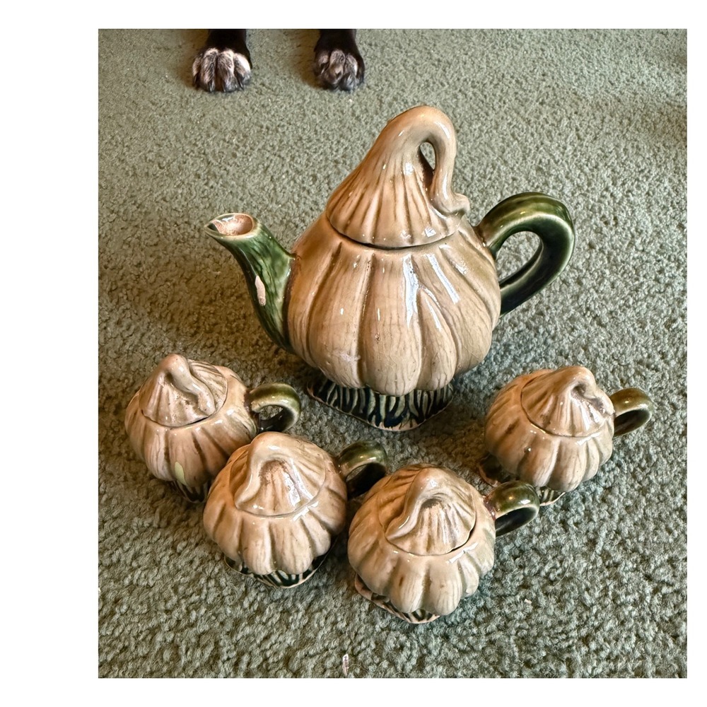 Vintage Pumpkin Gourd Ceramic Tea Set Teapot 4 Lidded Cups Tan Green Autumn